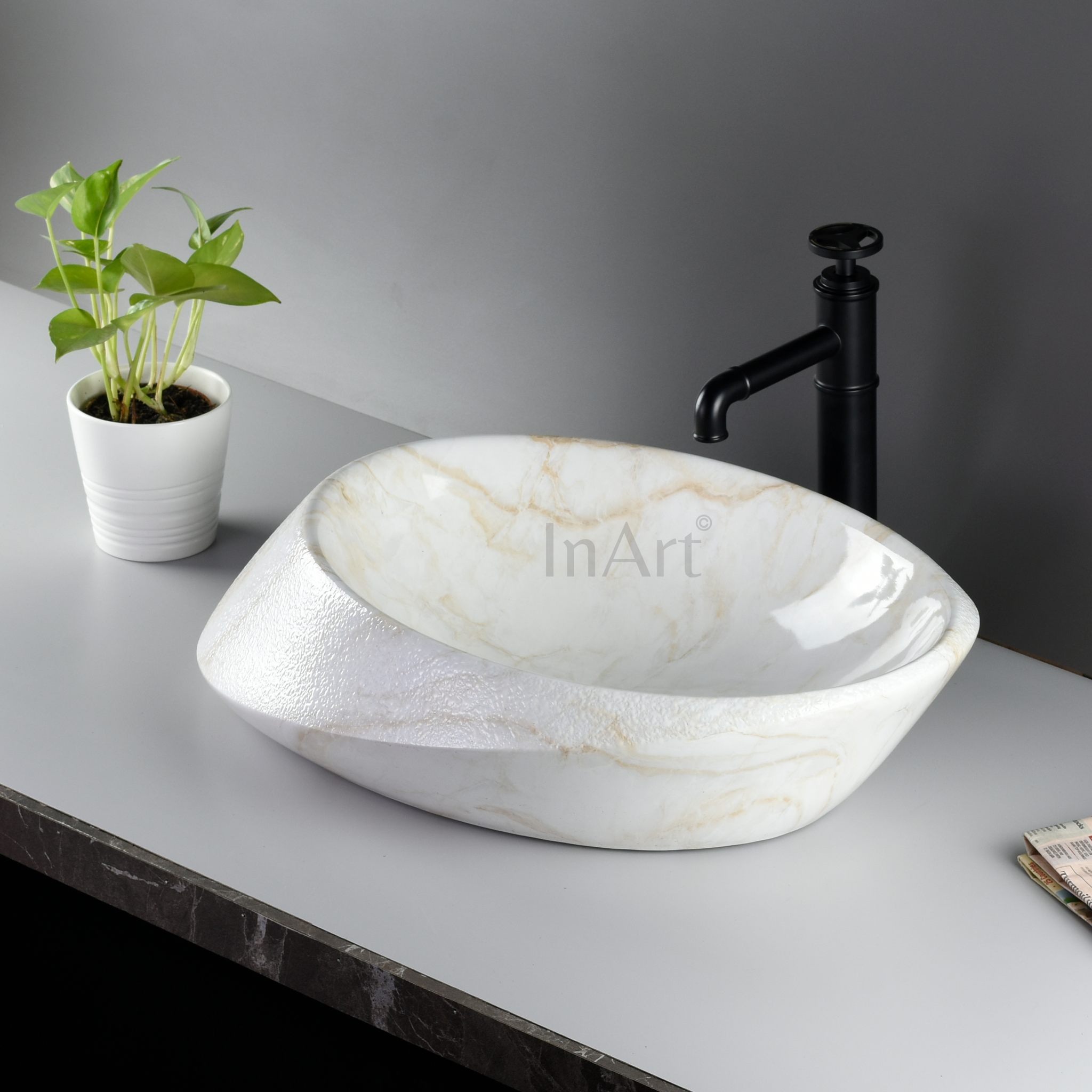 InArt Marble Finish Oval Ceramic Vessel Sink – 24" x 16" Countertop Bathroom Vanity Basin DW253