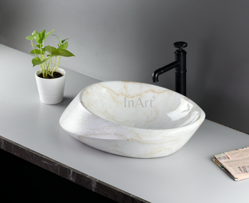 InArt Marble Finish Oval Ceramic Vessel Sink – 24" x 16" Countertop Bathroom Vanity Basin DW253