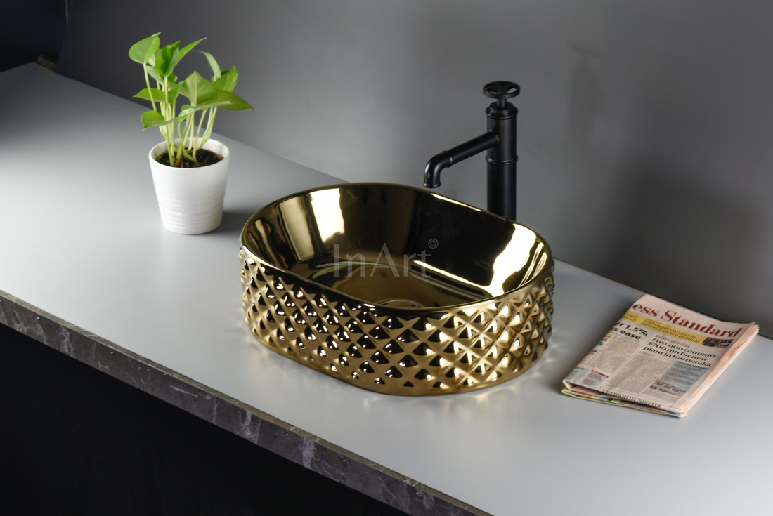 InArt Modern Gold Ceramic Vessel Sink – 18" x 13" Rectangular Countertop Bathroom Vanity Basin DW309