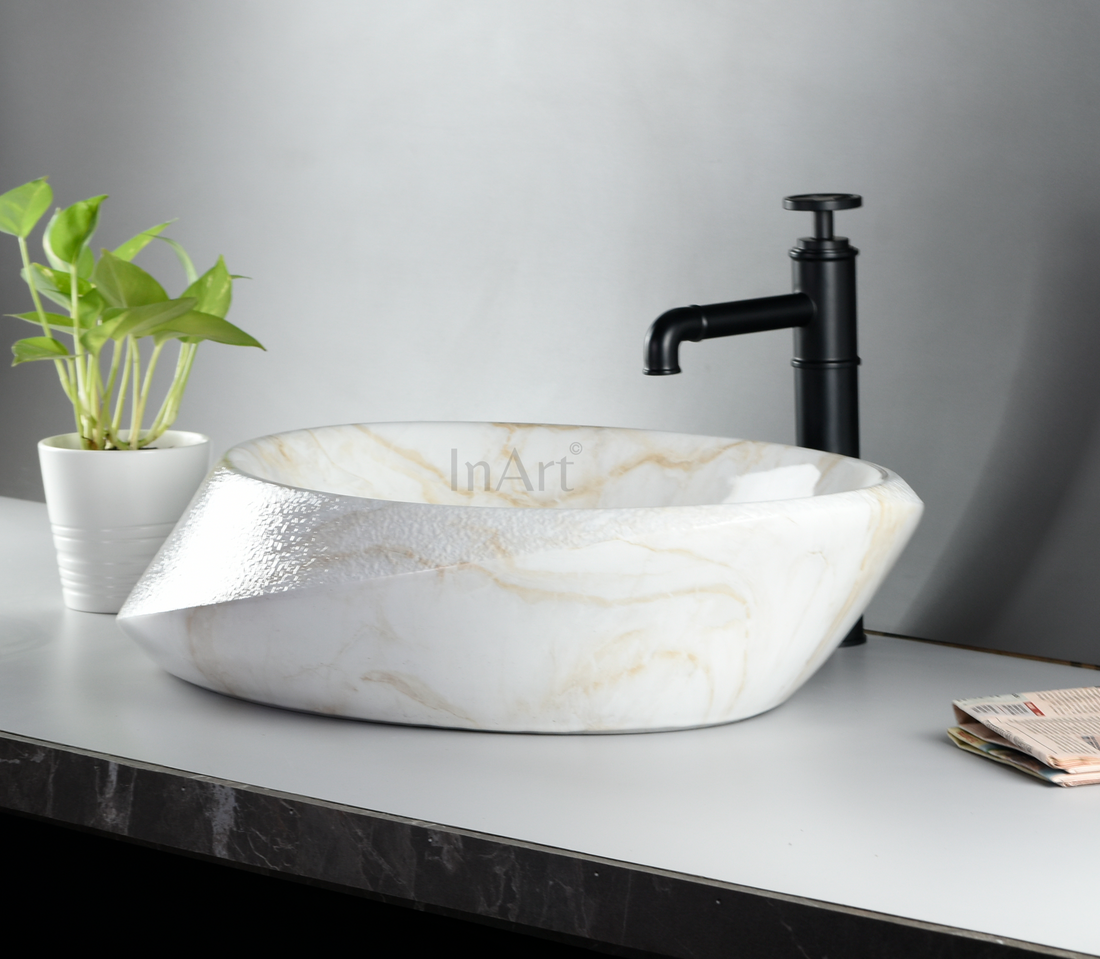 InArt Marble Finish Oval Ceramic Vessel Sink – 24" x 16" Countertop Bathroom Vanity Basin DW253