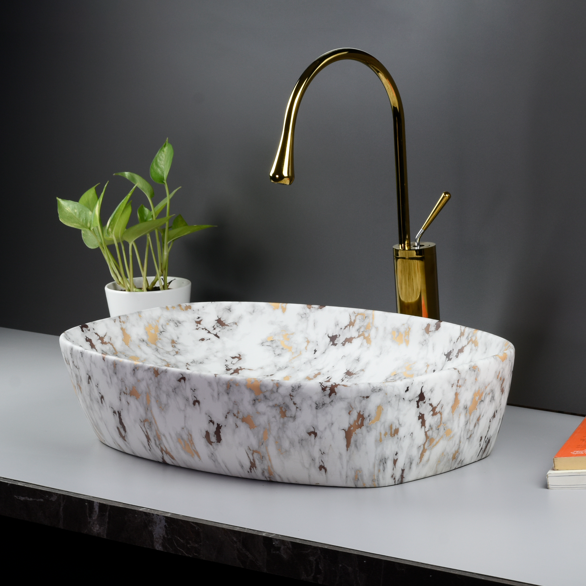 InArt Matt White & Gold Marble Ceramic Vessel Sink – 24" x 15" Rectangular Countertop Bathroom Basin DW320