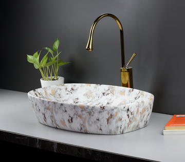 InArt Matt White & Gold Marble Ceramic Vessel Sink – 24" x 15" Rectangular Countertop Bathroom Basin DW320