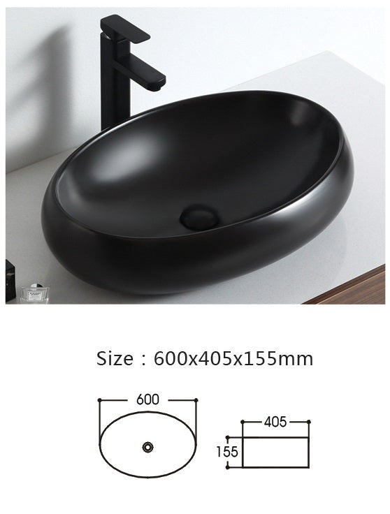 InArt Modern Oval Black Matte Ceramic Vessel Sink – 24" x 16" Countertop Bathroom Vanity Basin DW228