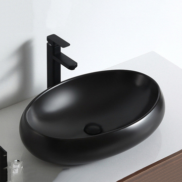 InArt Modern Oval Black Matte Ceramic Vessel Sink – 24" x 16" Countertop Bathroom Vanity Basin DW228