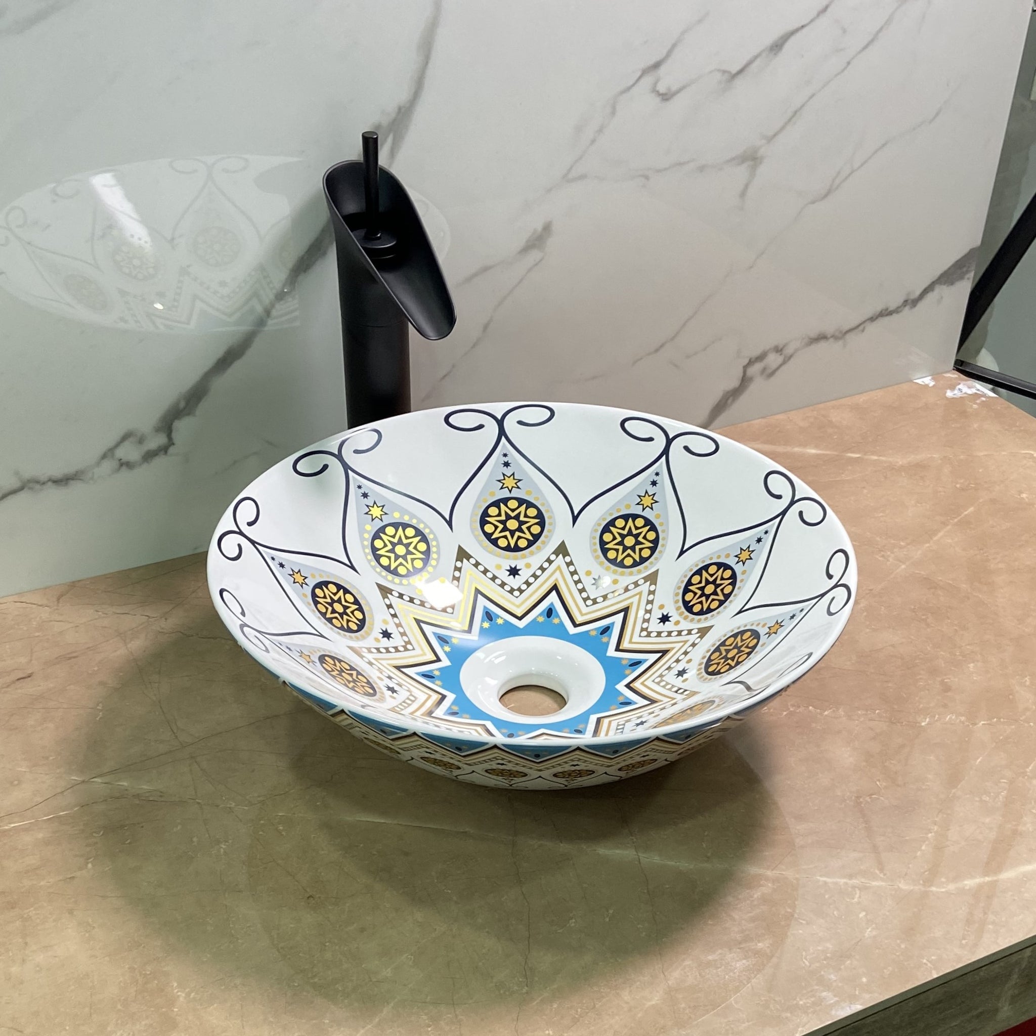 InArt Ceramic Vessel Sink | Mexican Design | 16" Round Countertop Bathroom Basin DW313