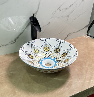 InArt Ceramic Vessel Sink | Mexican Design | 16" Round Countertop Bathroom Basin DW313