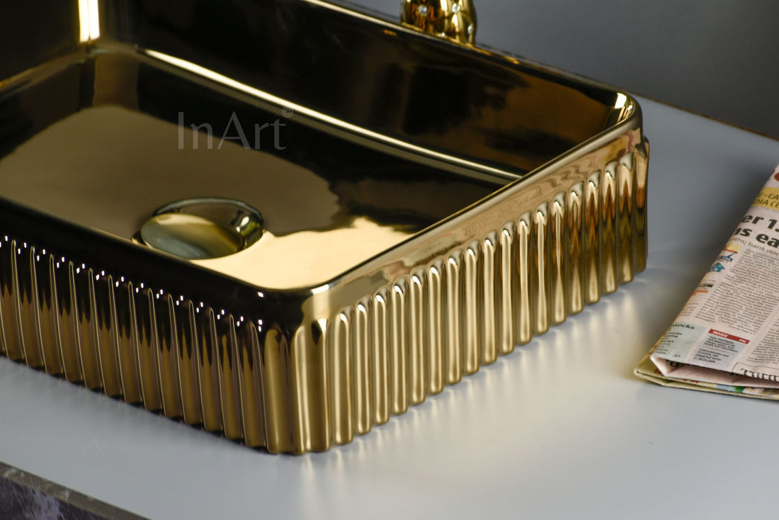 InArt Modern Gold Ceramic Vessel Sink – 19" x 13" Rectangular Countertop Bathroom Vanity Basin DW272