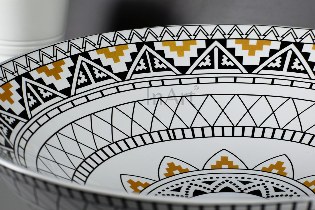 InArt Ceramic Vessel Sink | White & Yellow Mexican Design | 16" Round Countertop Bathroom Basin DW234