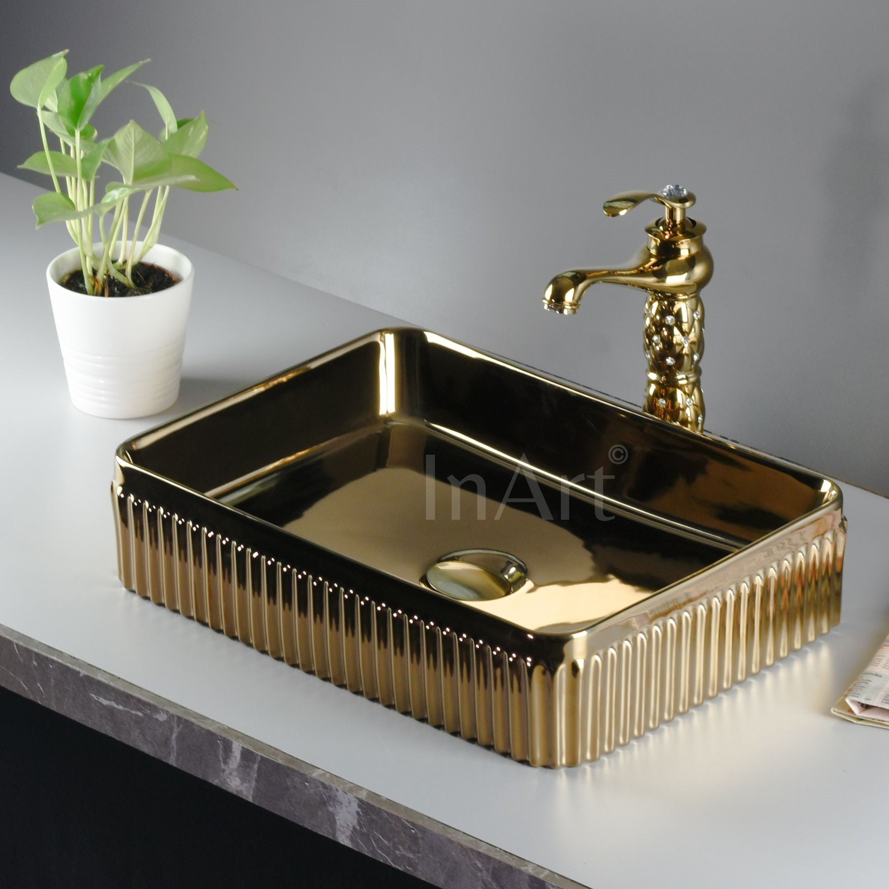 InArt Modern Gold Ceramic Vessel Sink – 19" x 13" Rectangular Countertop Bathroom Vanity Basin DW272