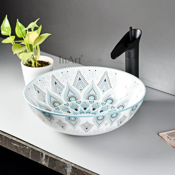 InArt Mexican Light Blue Ceramic Vessel Sink – 15.5" Round Countertop Bathroom Vanity Basin DW265 / DW276