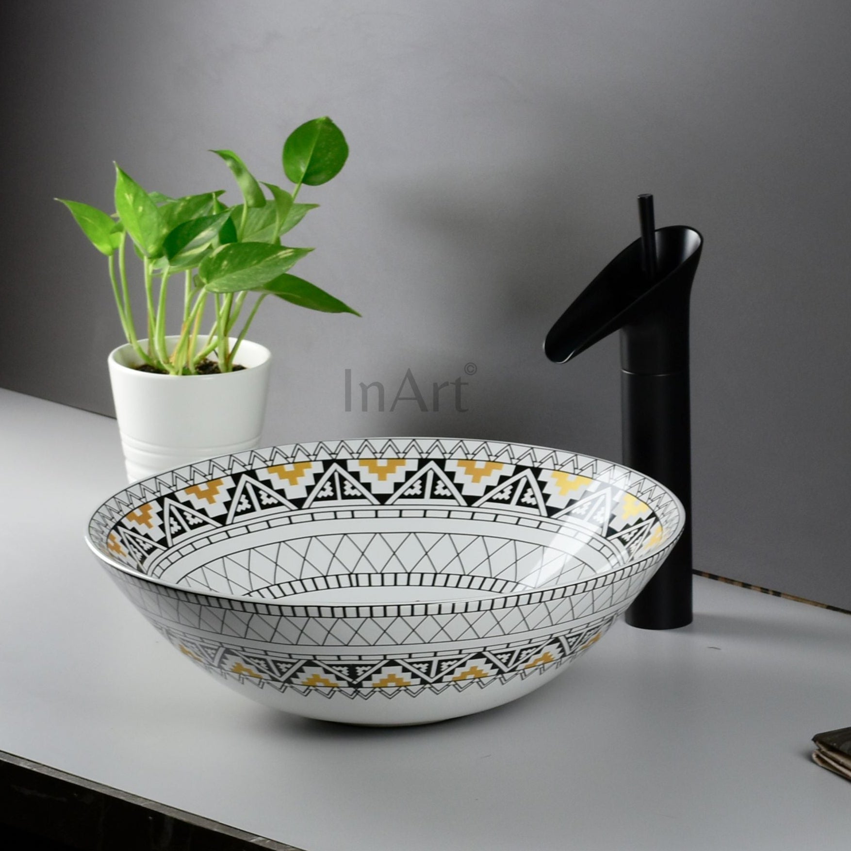 InArt Ceramic Vessel Sink | White & Yellow Mexican Design | 16" Round Countertop Bathroom Basin DW234