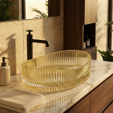 Textured ribbed oval glass vessel sink for bathroom vanity, angled view