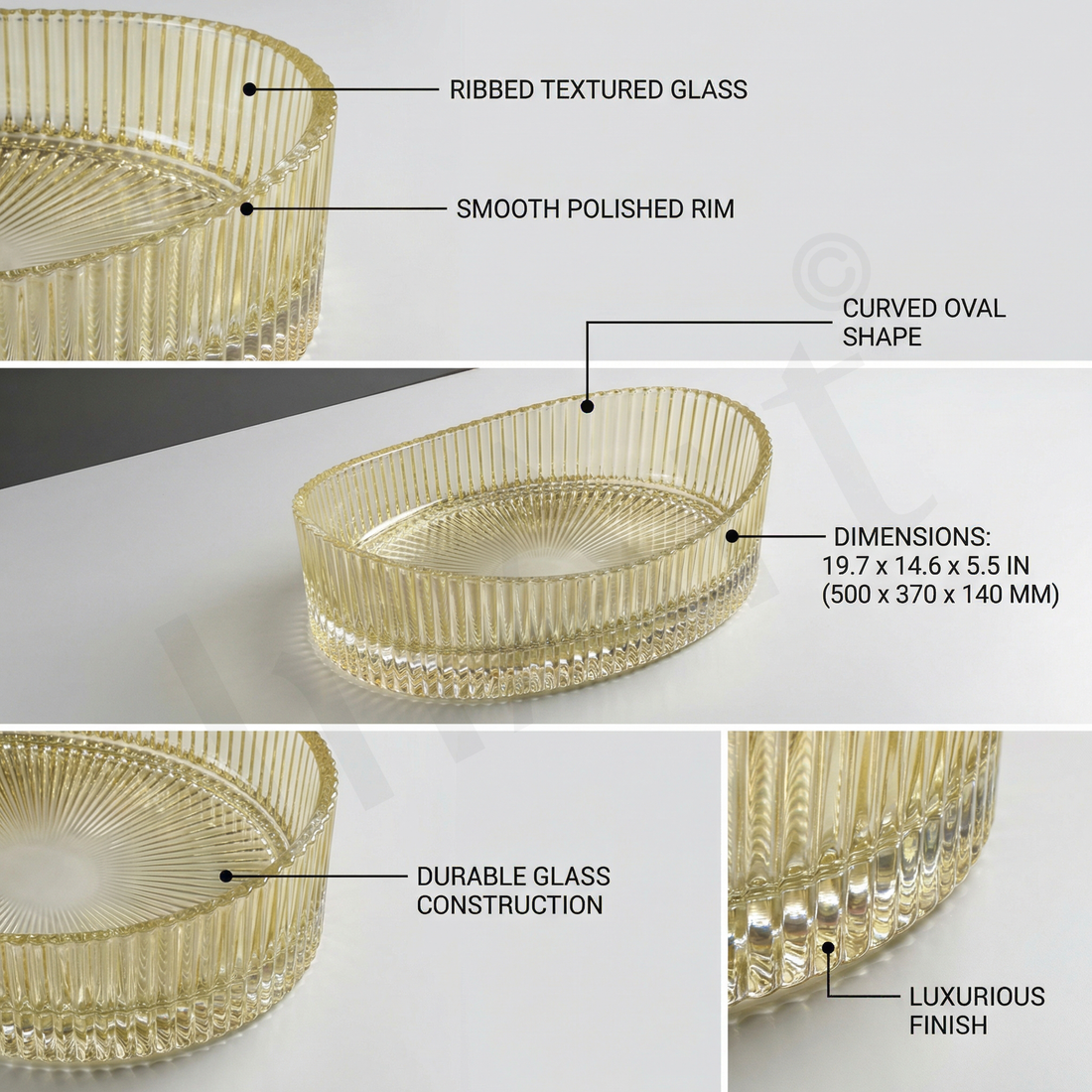 Textured ribbed oval glass vessel sink for bathroom vanity, angled view