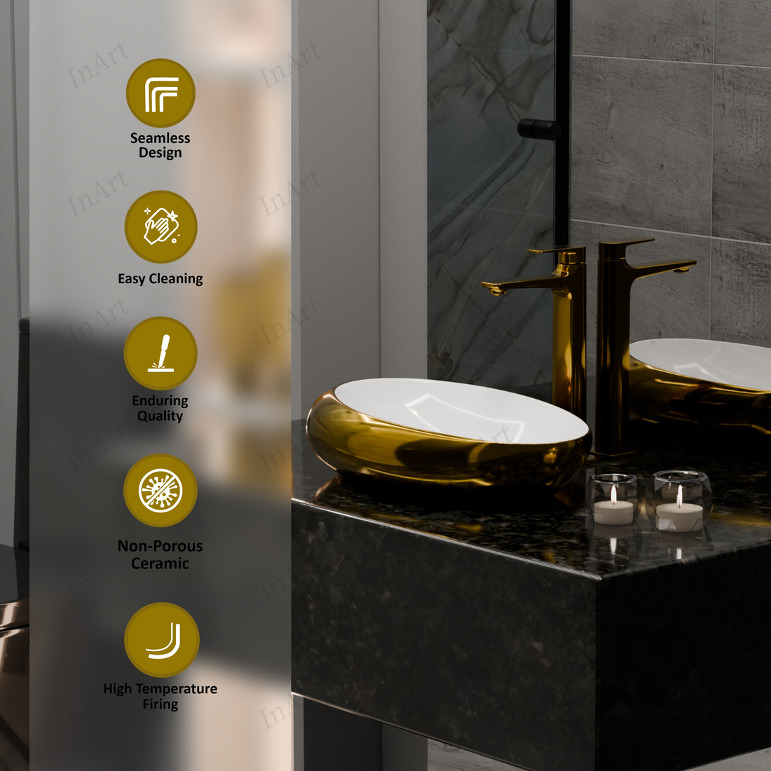 Bathroom sink with gold fixtures and features listed on the left.