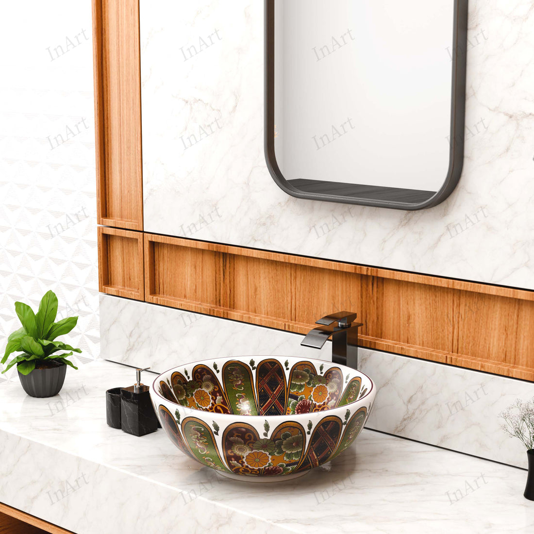 InArt Moroccan Multi-Color Ceramic Vessel Sink – 16.5" Round Countertop Bathroom Basin DW343