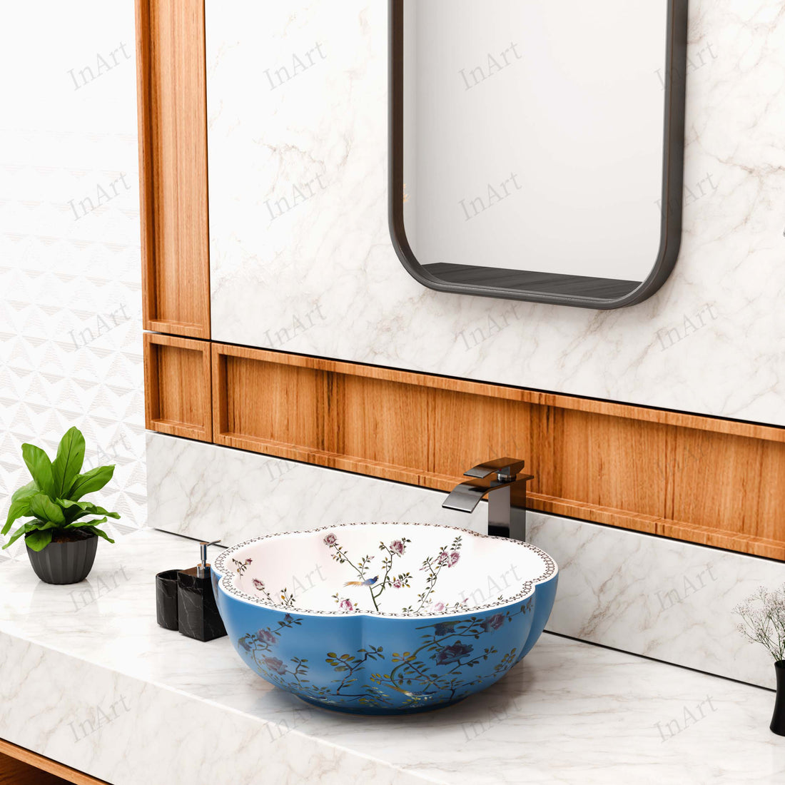 InArt Elegant Blue Ceramic Vessel Sink – 16" Round Countertop Bathroom Basin, European Style DW292