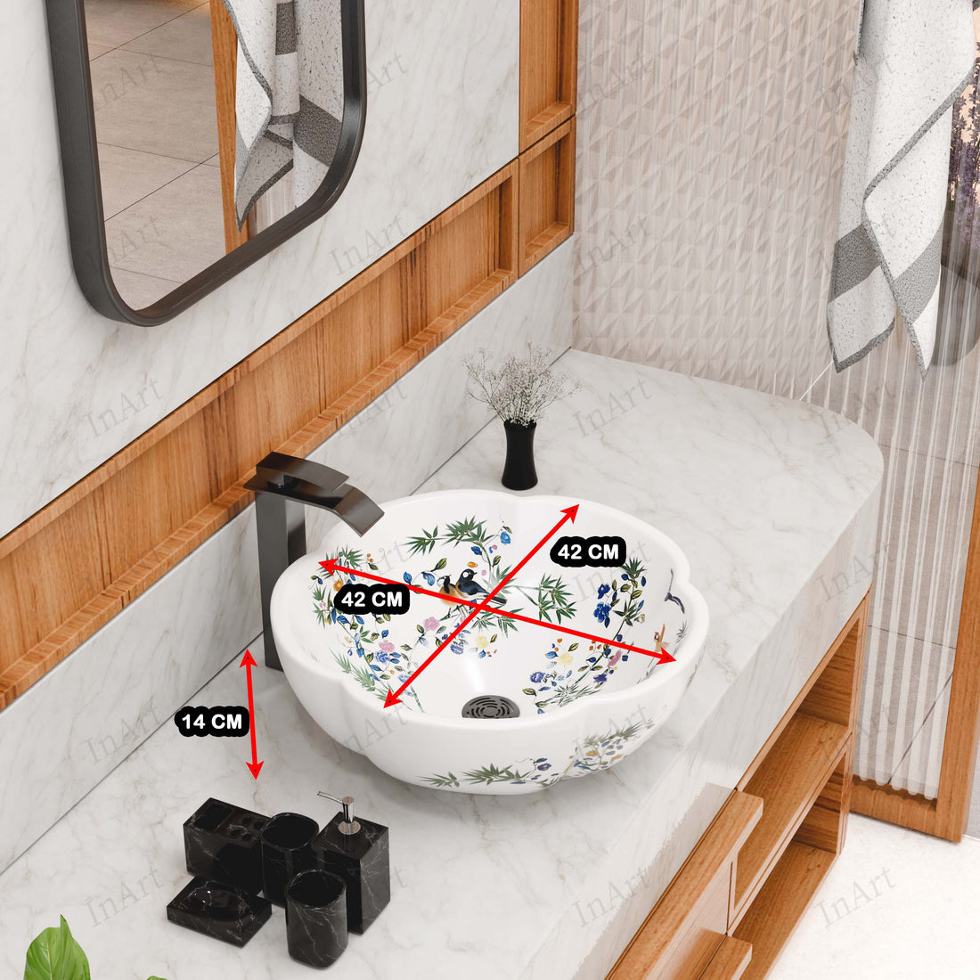 InArt Moroccan White Floral Ceramic Vessel Sink – 16.5" Countertop Bathroom Basin, Round Wash Bowl DW346