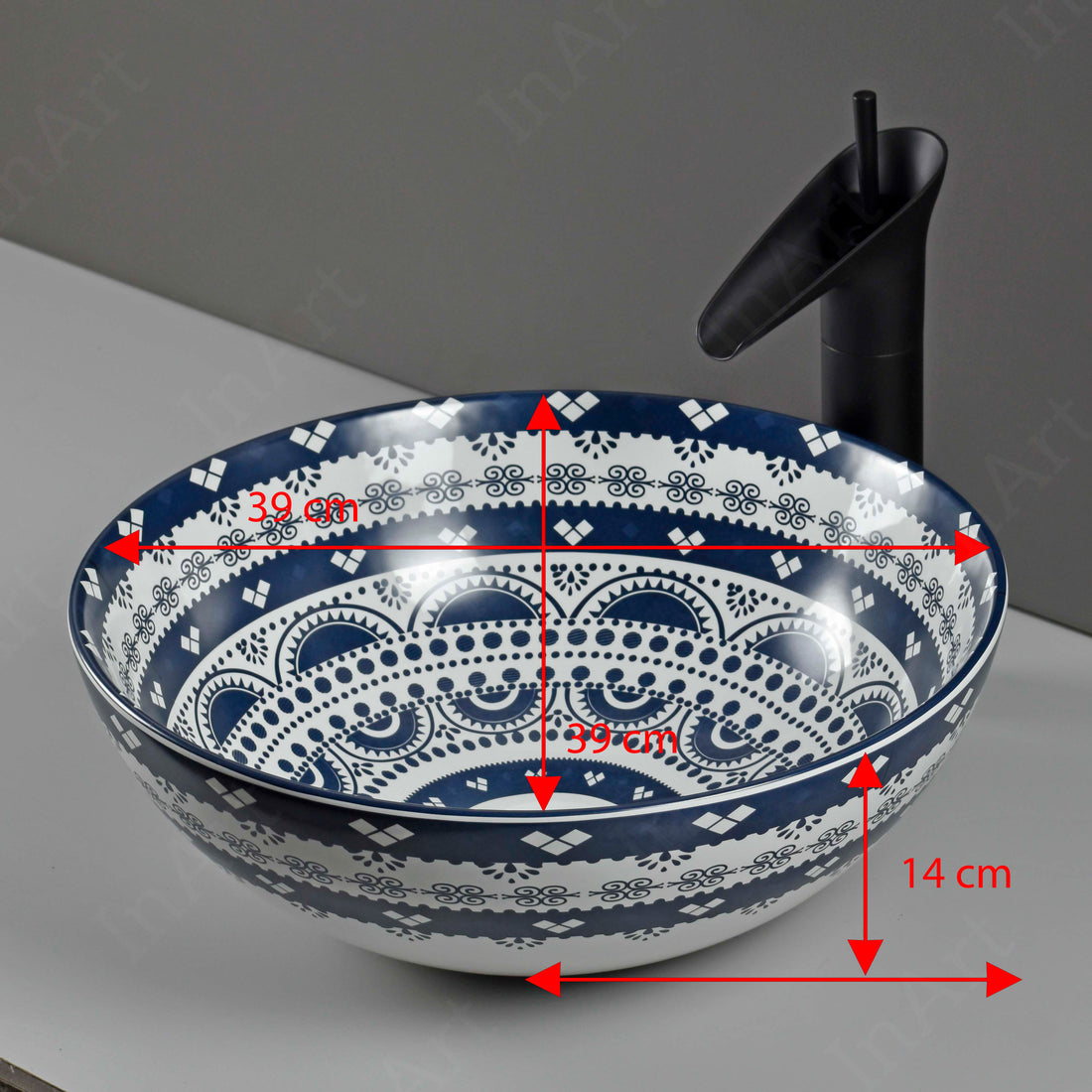 InArt Mexican Blue Ceramic Vessel Sink – 15.4" Round Countertop Bathroom Basin DW336