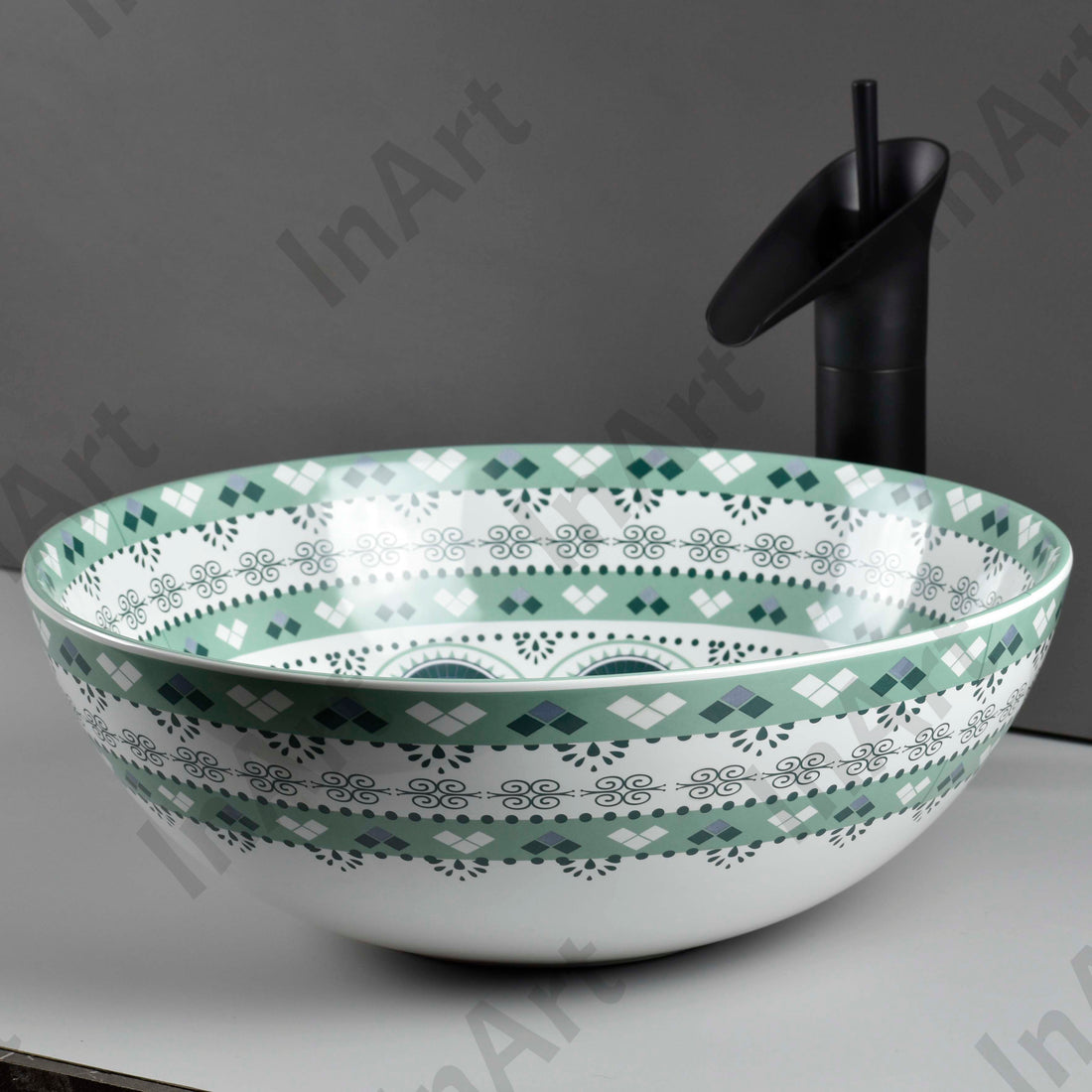 InArt Light Blue Round Ceramic Vessel Sink – 15.4" Countertop Bathroom Basin, Modern Vanity Bowl DW337