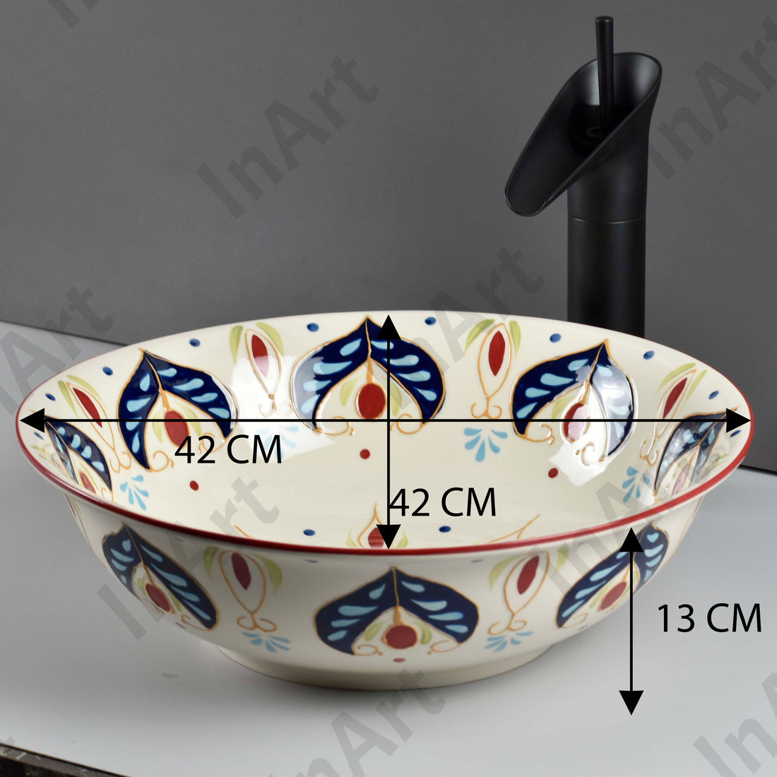 InArt Artistic Beige Blue Ceramic Vessel Sink – 16.5" Round Countertop Bathroom Basin DW335
