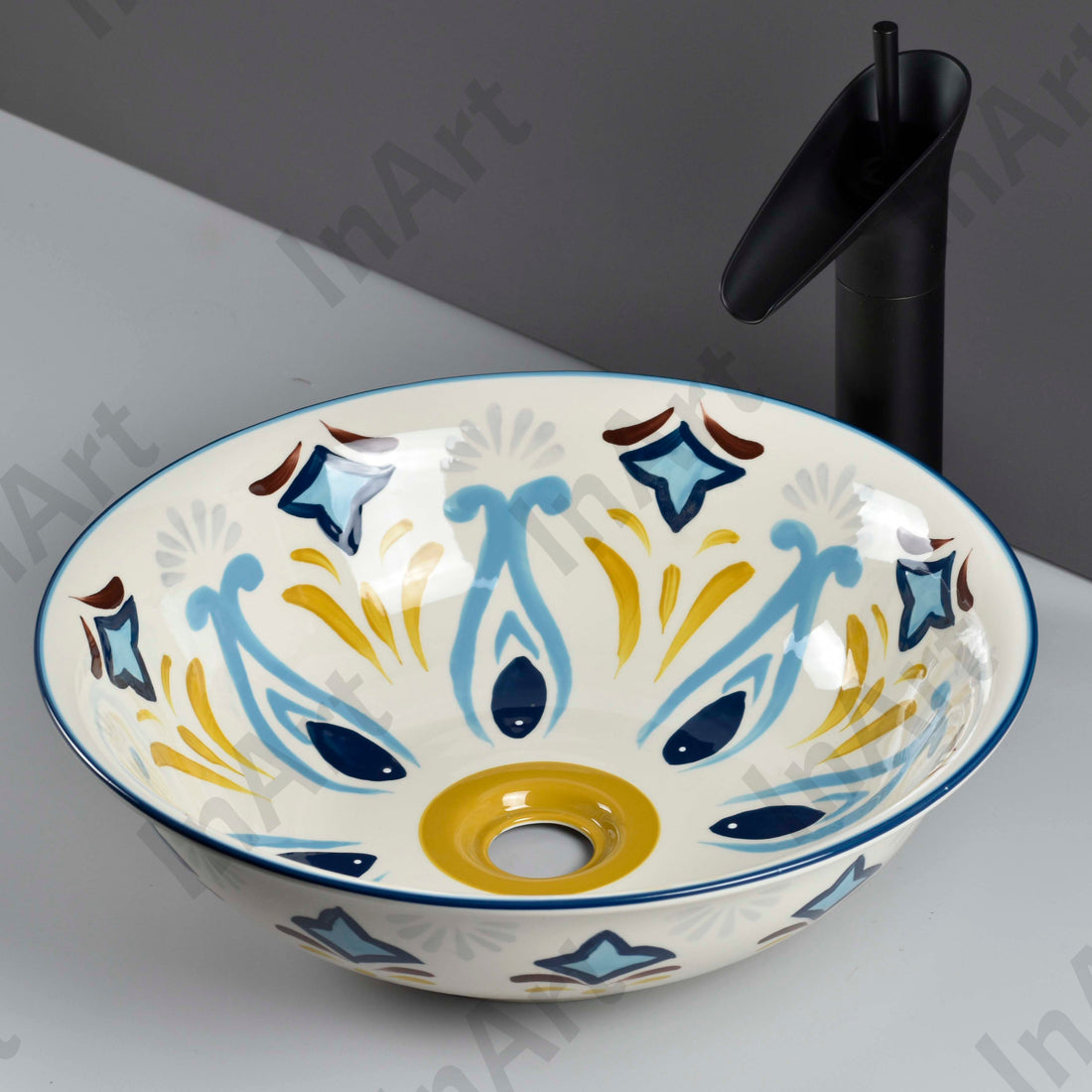 InArt Art Mexican Blue Ceramic Vessel Sink – 16.5" Round Countertop Designer Bathroom Basin DW334