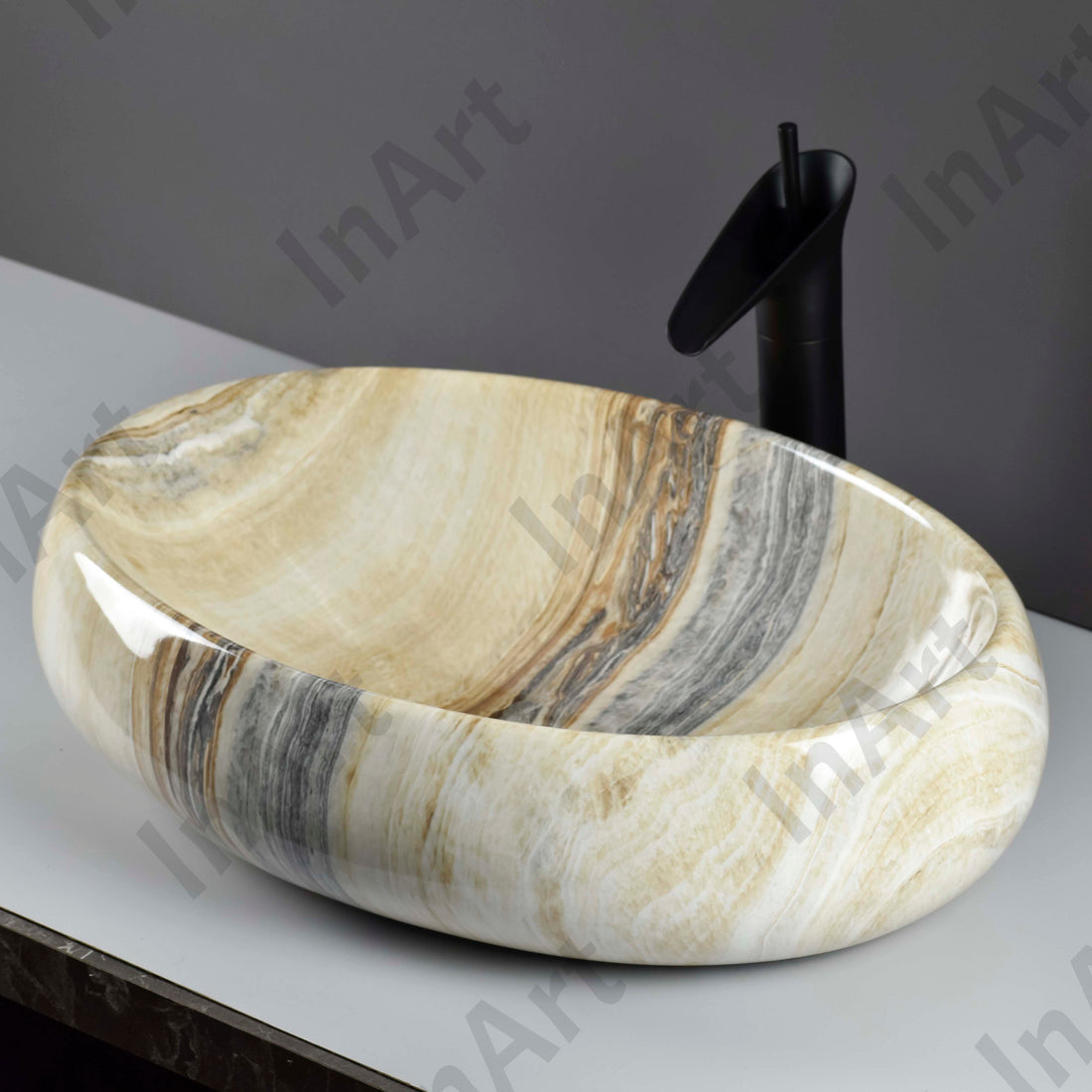 InArt Beige Marble Ceramic Vessel Sink – 19" x 13" Oval Countertop Bathroom Vanity Basin DW068