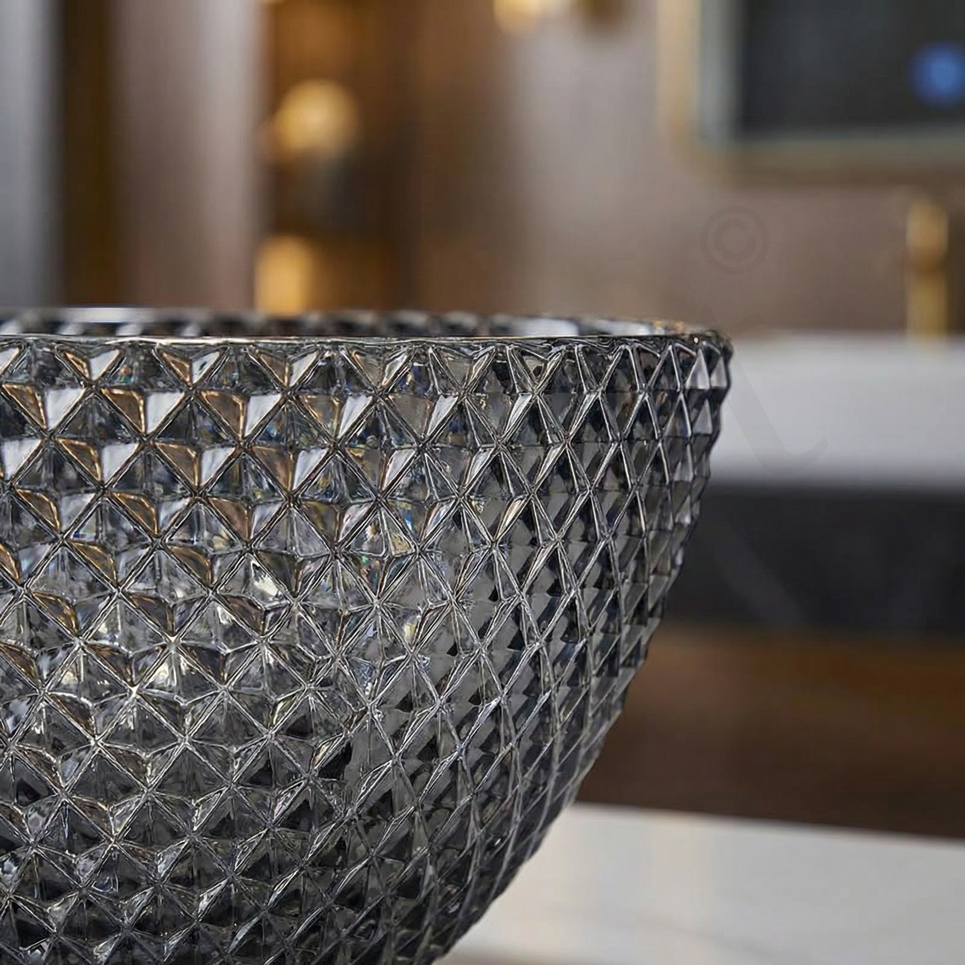 Round tempered glass vessel sink in smoked black with diamond-textured exterior, above-counter bathroom bowl