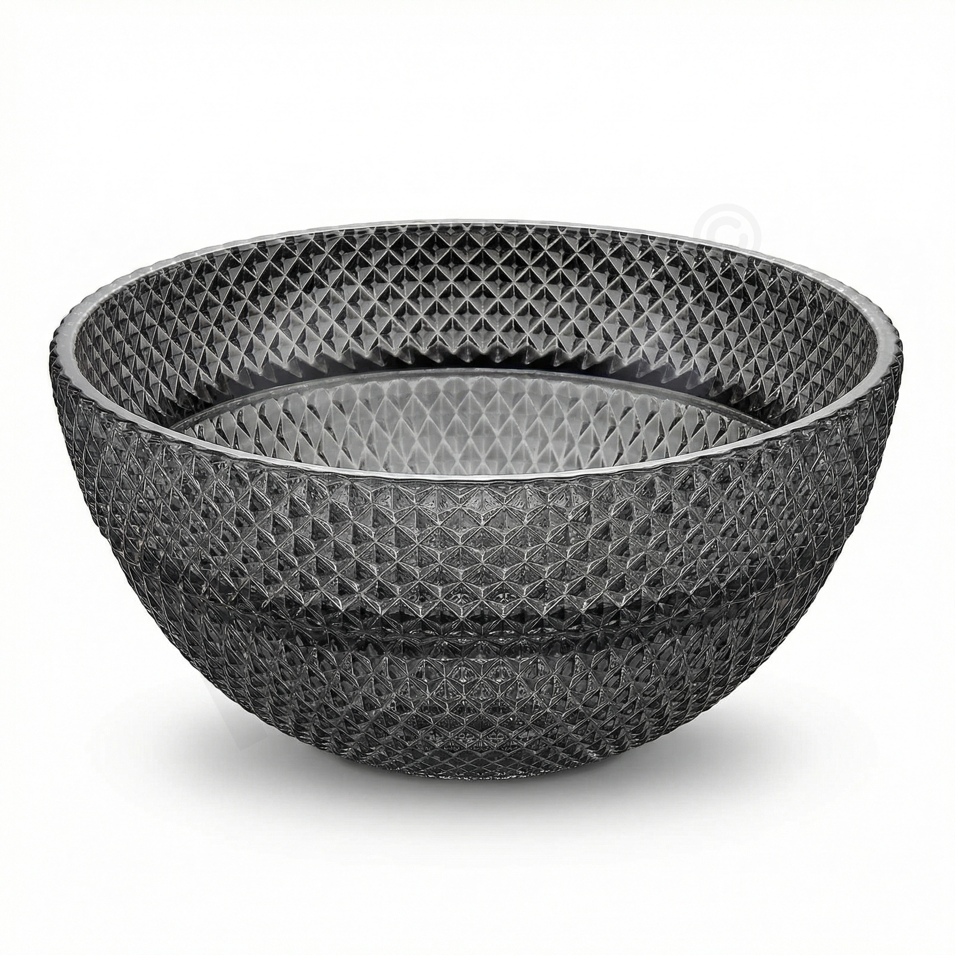 Top view of round smoked black tempered glass vessel sink with center drain opening, no faucet holes