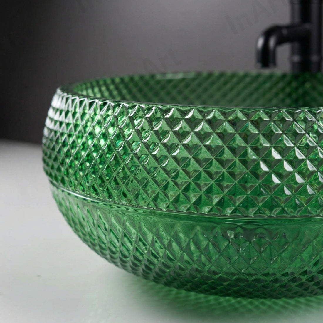 InArt Green Glass Round Vessel Sink – Diamond-Cut Faceted Bowl, 16.5"