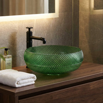 InArt Green Glass Round Vessel Sink – Diamond-Cut Faceted Bowl, 16.5"