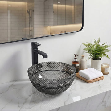 InArt Smoked Black Tempered Glass Round Vessel Sink – Diamond Texture, 13.4"