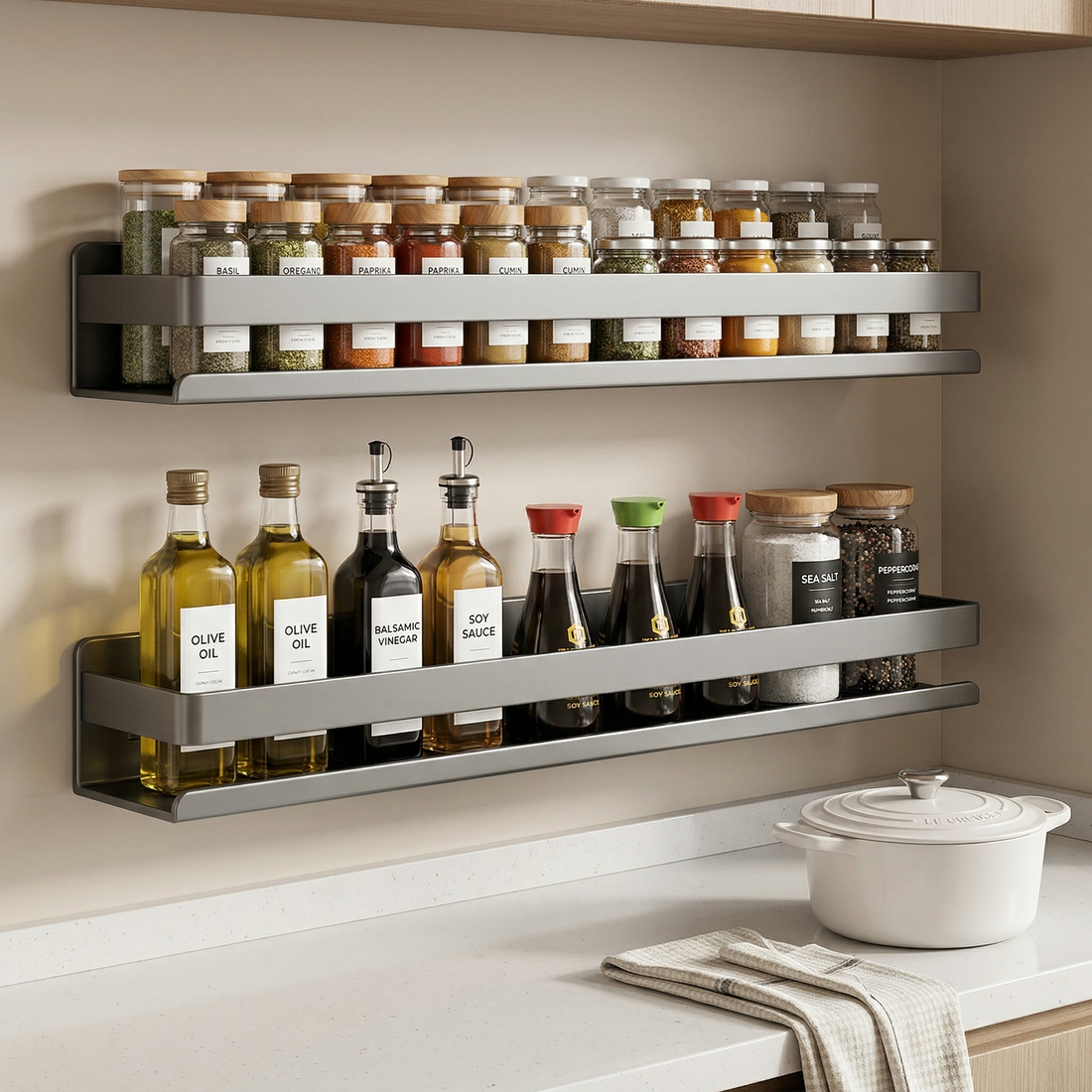 InArt No-Drill Wall-Mounted Spice Rack & Condiment Shelf main hero for a U.S. ecommerce listing. Product type: general home product. Visible variant shown: Color: Gray 60cm.