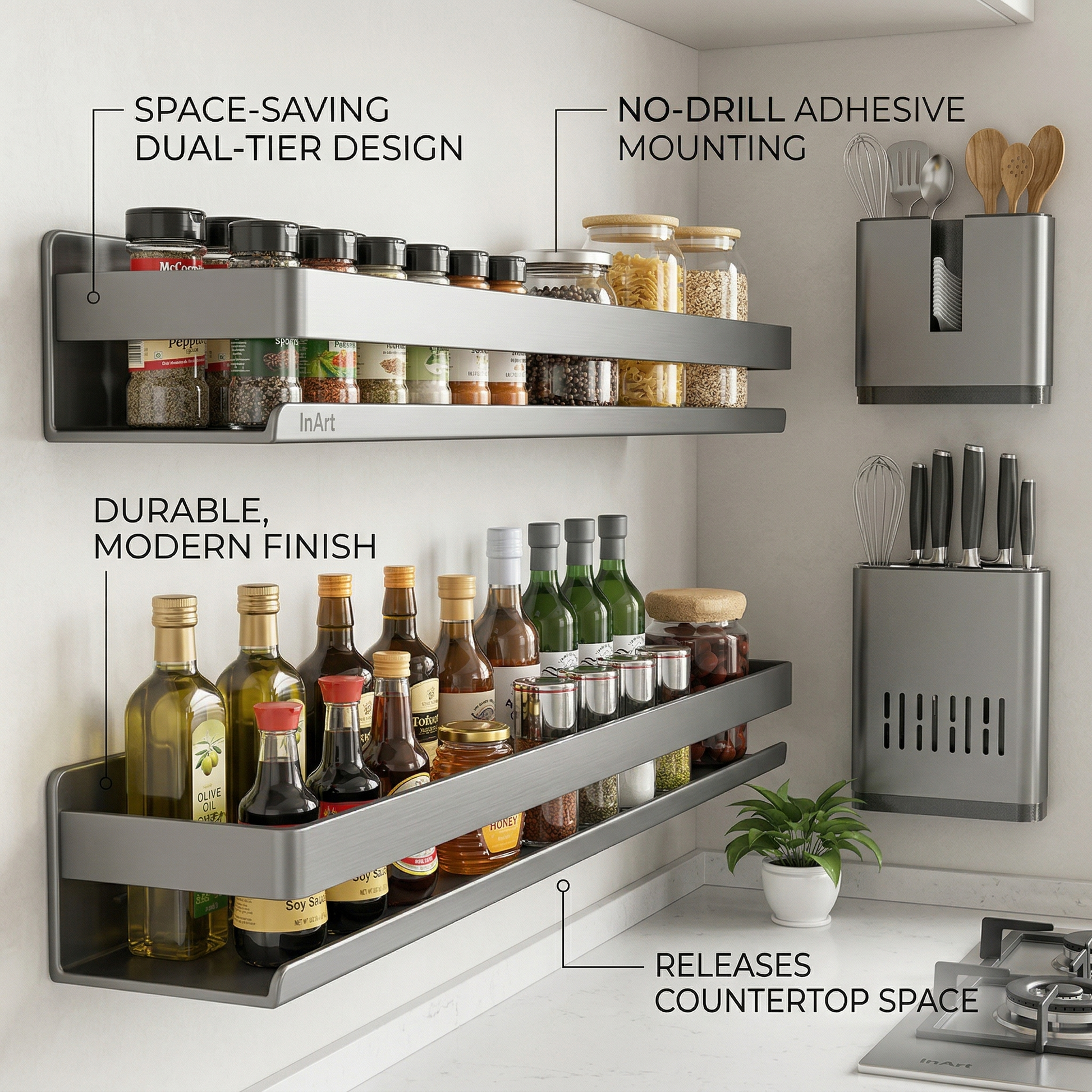 InArt No-Drill Wall-Mounted Spice Rack & Condiment Shelf feature callout graphic for a U.S. ecommerce listing. Product type: general home product. Visible variant shown: Color: Gray 60cm.