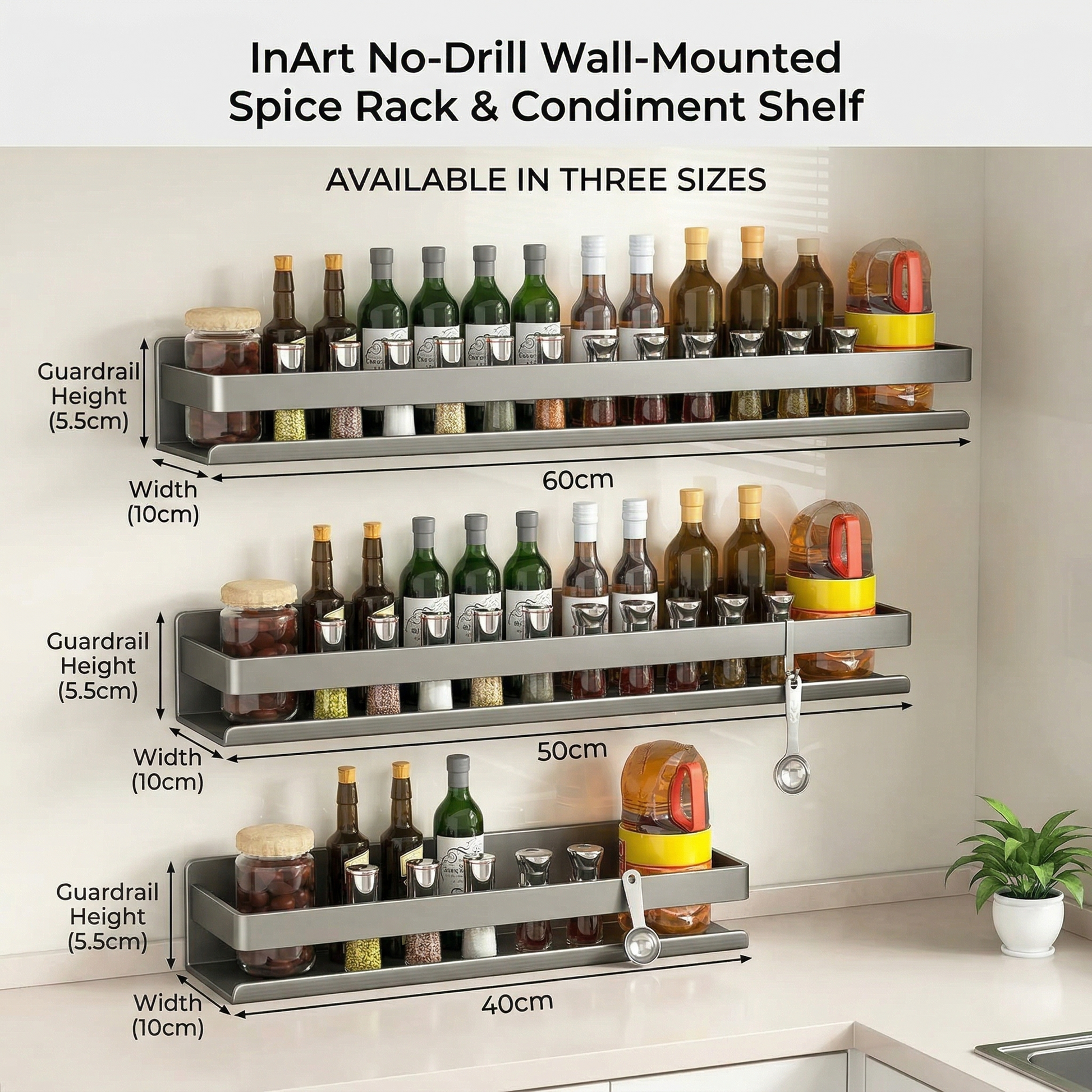 InArt No-Drill Wall-Mounted Spice Rack & Condiment Shelf variant comparison for a U.S. ecommerce listing. Product type: general home product. Visible variant shown: Color: Gray 60cm.