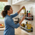 InArt No-Drill Wall-Mounted Spice Rack & Condiment Shelf in-use action scene for a U.S. ecommerce listing. Product type: general home product. Visible variant shown: Color: Gray 60cm.