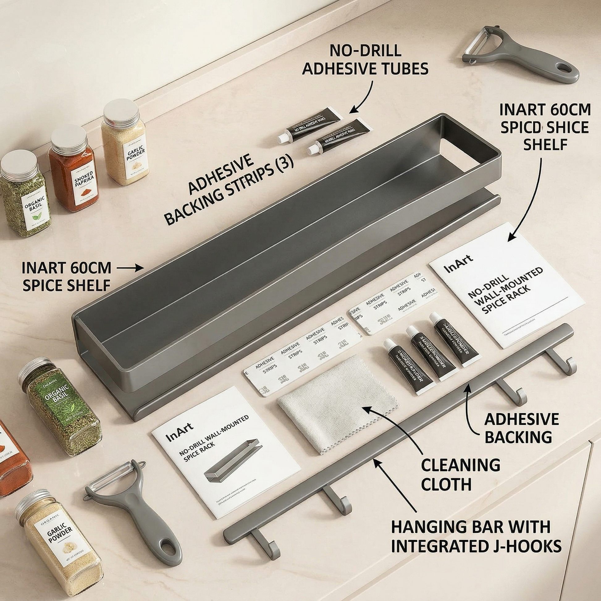 InArt No-Drill Wall-Mounted Spice Rack & Condiment Shelf what's in the box for a U.S. ecommerce listing. Product type: general home product. Visible variant shown: Color: Gray 60cm.