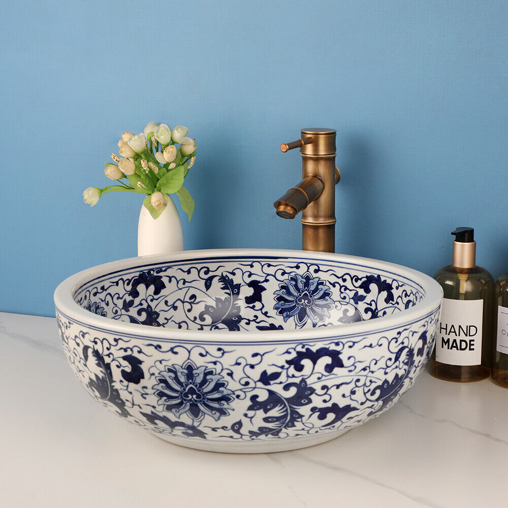 InArt Moroccan Blue Ceramic Vessel Sink – 16" Round Countertop Bathroom Basin DW214