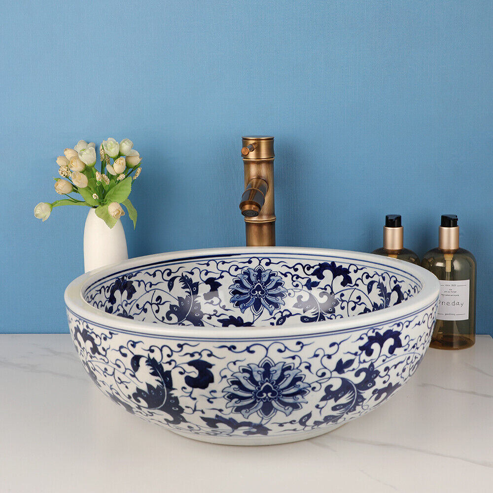 InArt Moroccan Blue Ceramic Vessel Sink – 16" Round Countertop Bathroom Basin DW214