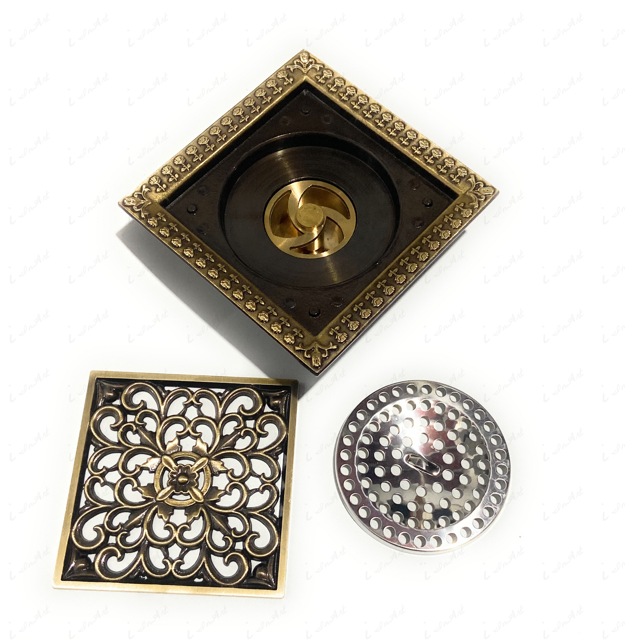 InArt Brass Square Shower Floor Drain with Removable Cover Grid Grate 5 inch Long Antique Finish Floral Pattern