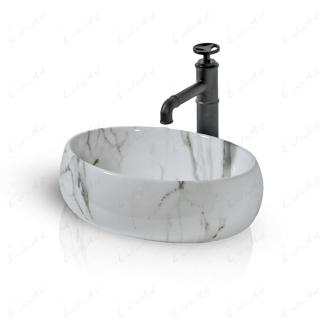 InArt Ceramic Oval Shape Above Counter Top Wash Basin Bathroom Porcelain Vessel Sink Bowl For Lavatory/Bathroom 48 x 34 x 14 Cm ( Marble White)