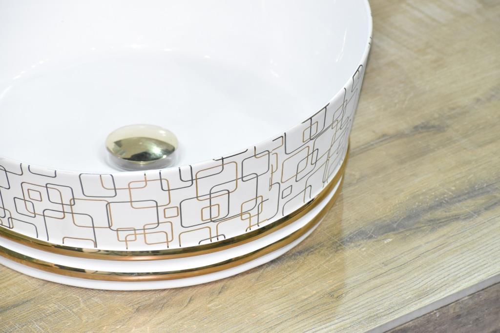 InArt Round Bathroom Ceramic Vessel Sink Art Basin in Gold White Color
