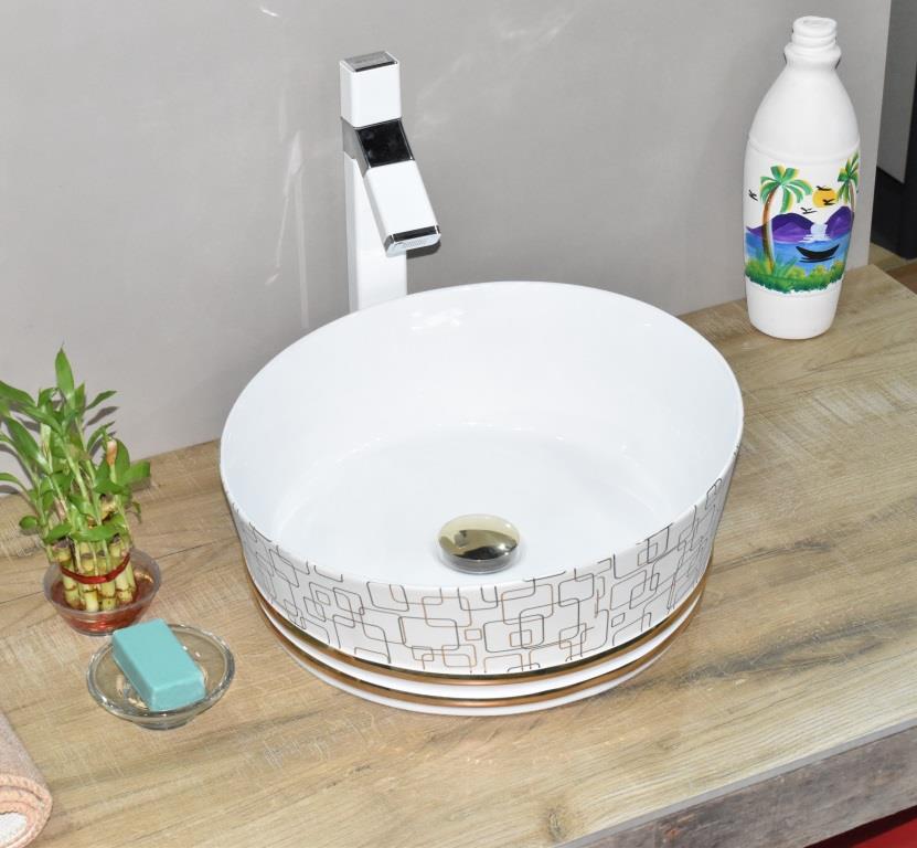 InArt Round Bathroom Ceramic Vessel Sink Art Basin in Gold White Color