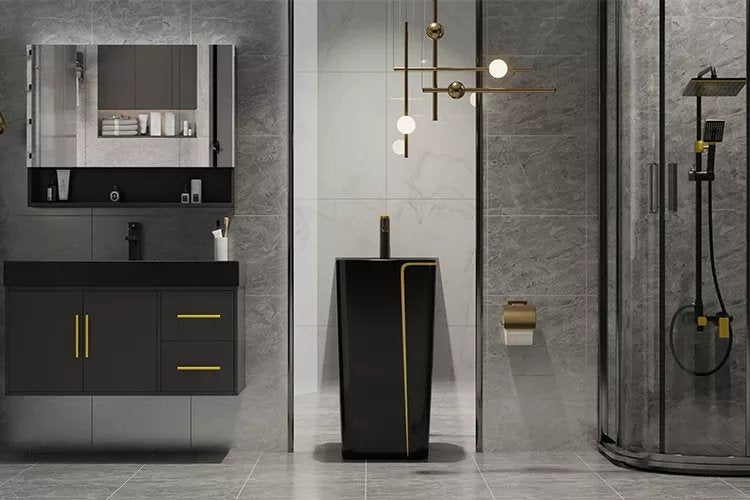 InArt Basin Pedestal Sink - Standing Bathroom Sink Black Glossy 43x36 CM - InArt-Studio-USA