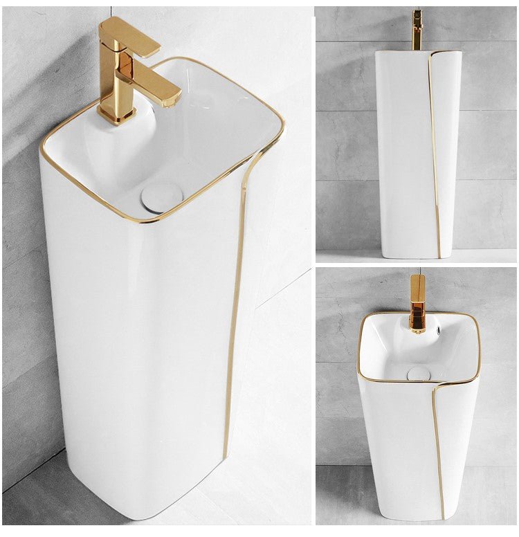 InArt Basin Pedestal Sink - Standing Bathroom Sink White Gold Glossy 43x36 CM - InArt-Studio-USA