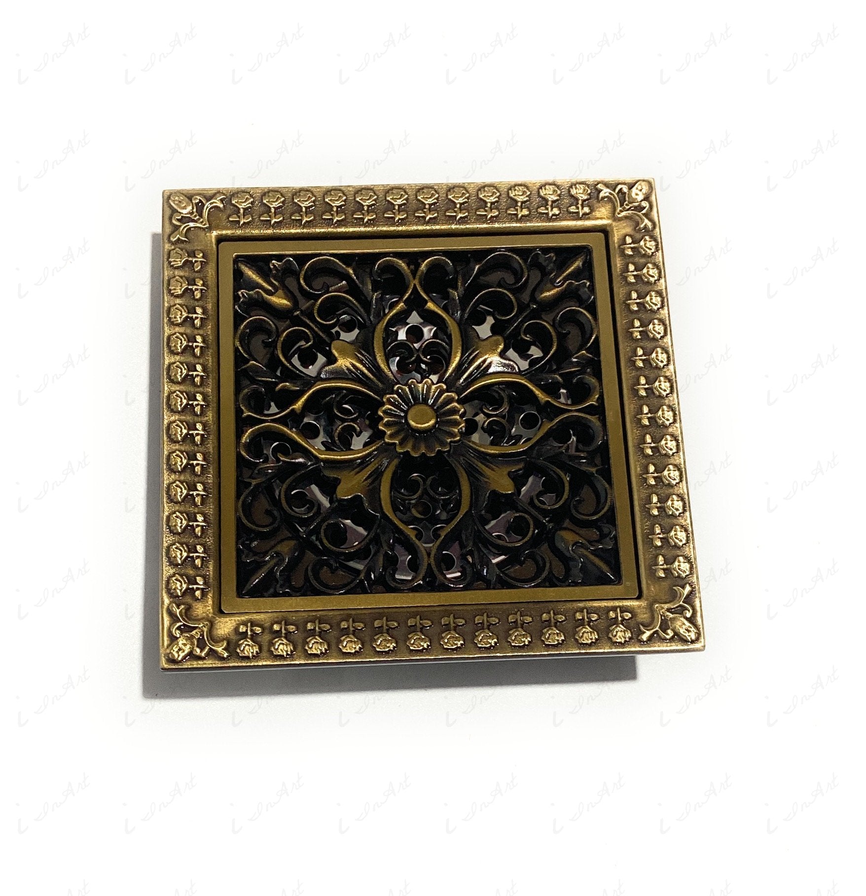 InArt Brass Square Shower Floor Drain with Removable Cover Grid Grate 5 inch Long Antique Finish Floral - InArt-Studio-USA