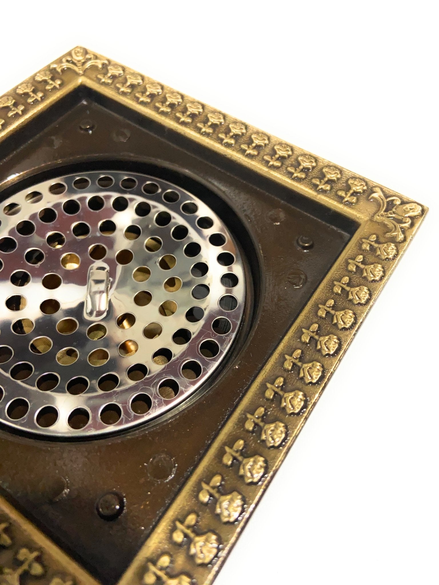InArt Brass Square Shower Floor Drain with Removable Cover Grid Grate 5 inch Long Antique Finish Floral Pattern - InArt-Studio-USA