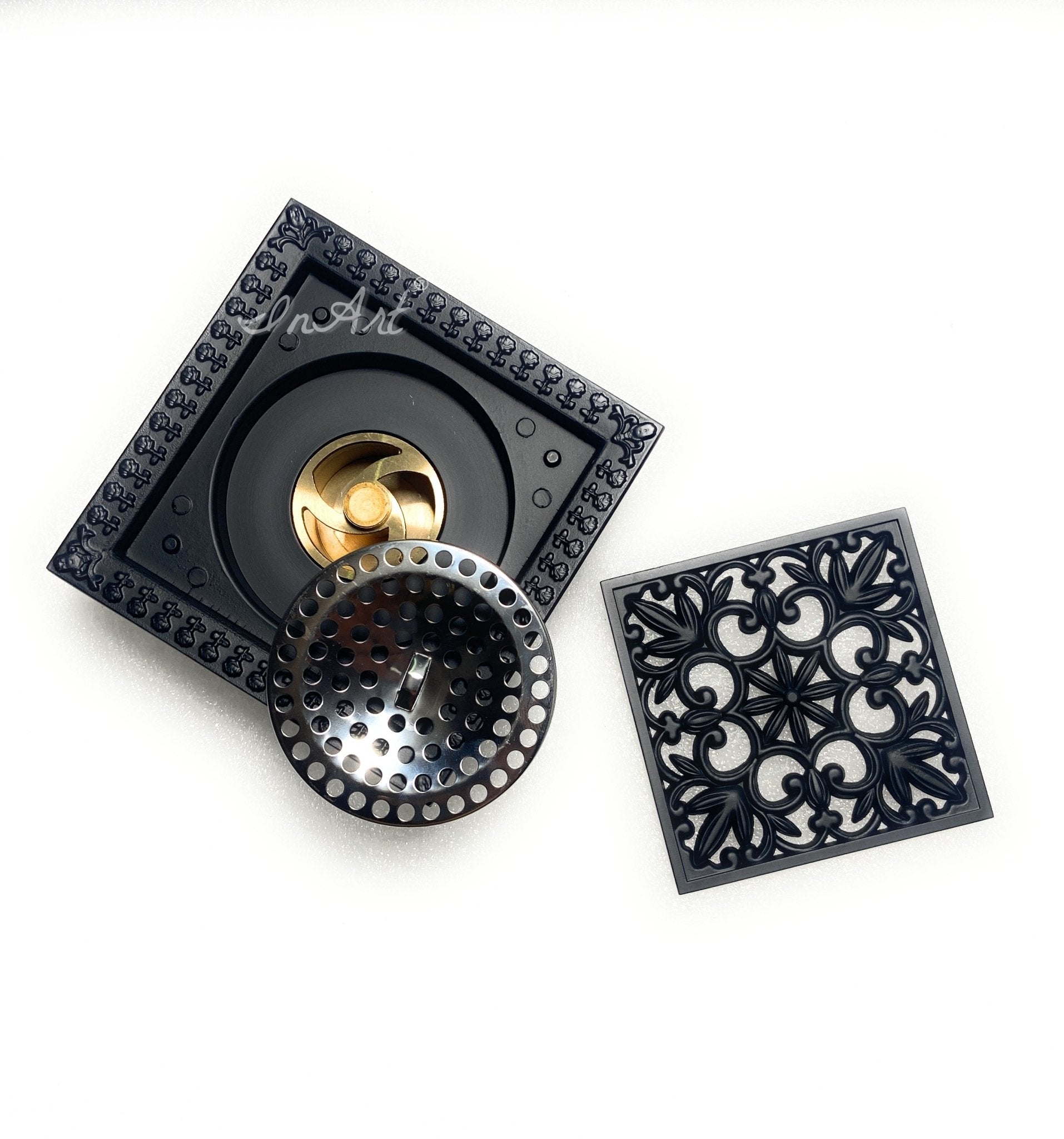 InArt Brass Square Shower Floor Drain with Removable Cover Grid Grate 5 inch Long Black Matt Color Floral Pattern - InArt-Studio-USA