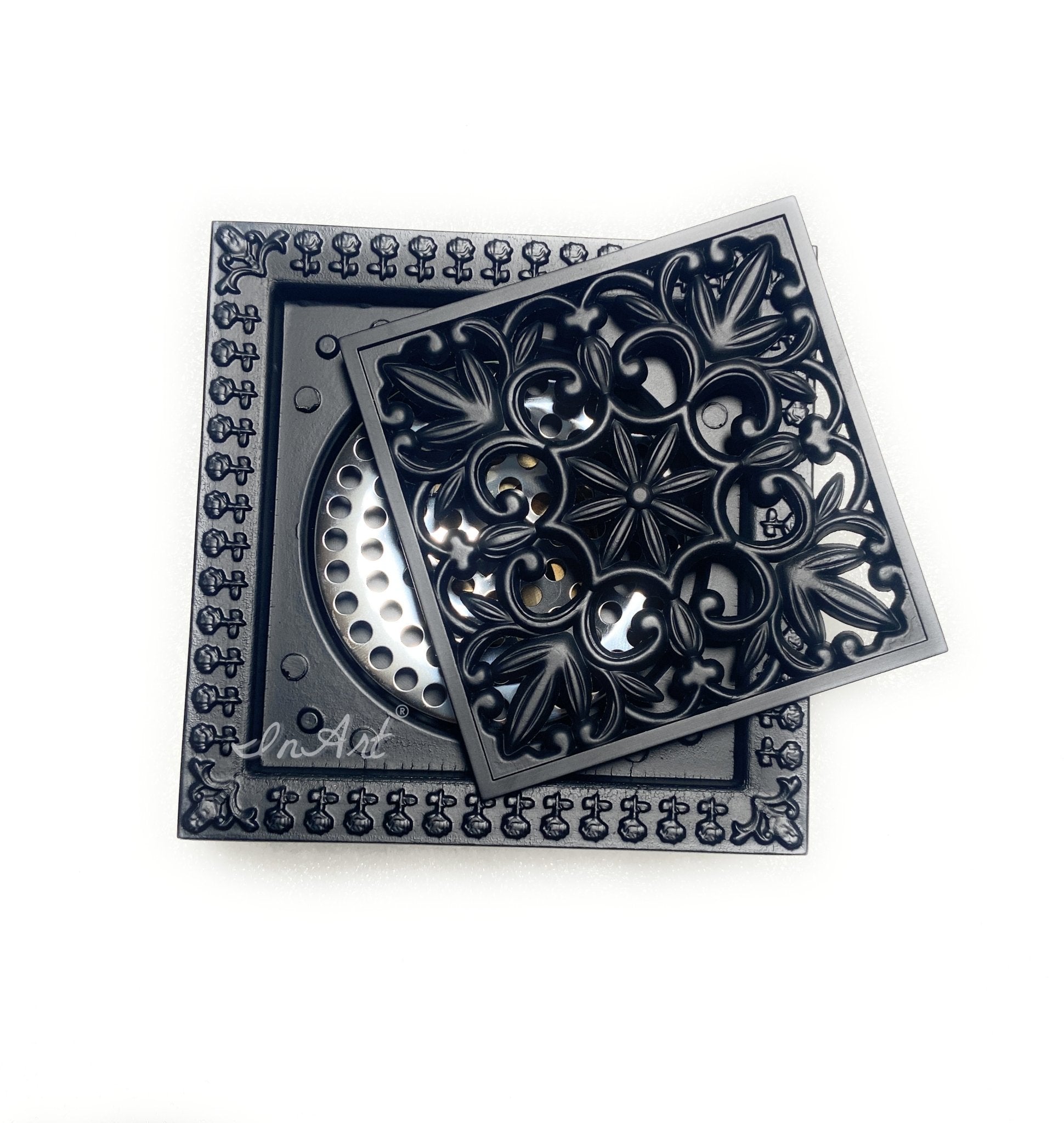 InArt Brass Square Shower Floor Drain with Removable Cover Grid Grate 5 inch Long Black Matt Color Floral Pattern - InArt-Studio-USA