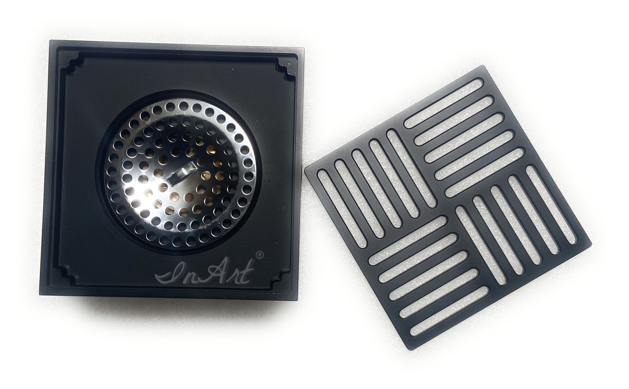 InArt Brass Square Shower Floor Drain with Removable Cover Grid Grate 5 inch Long Black Matt Color Stripes Pattern - InArt-Studio-USA