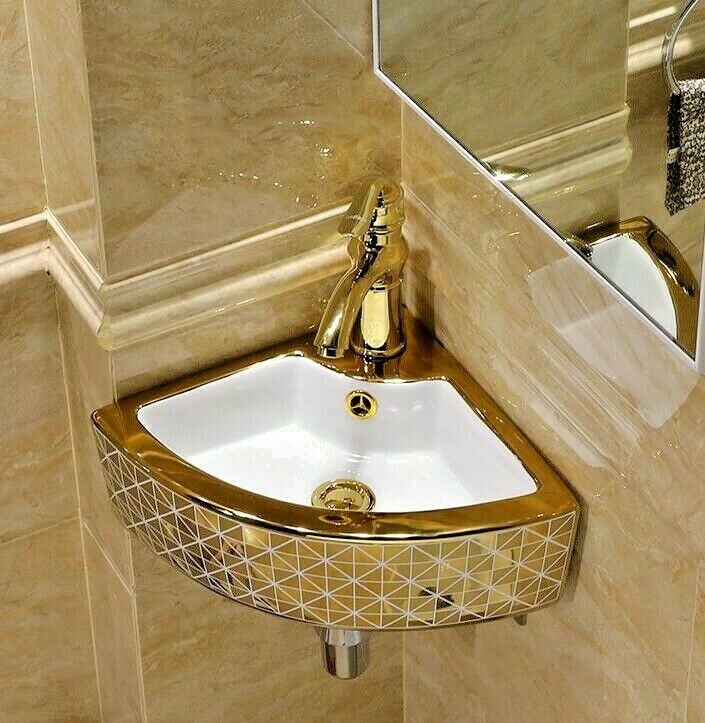 InArt Ceramic Corner Wall Hanging /Wall Mount/Counter Top Wash Basin Bathroom Sink For Lavatory Golden White Color 33 x 33 x 13 Cm - InArt-Studio-USA